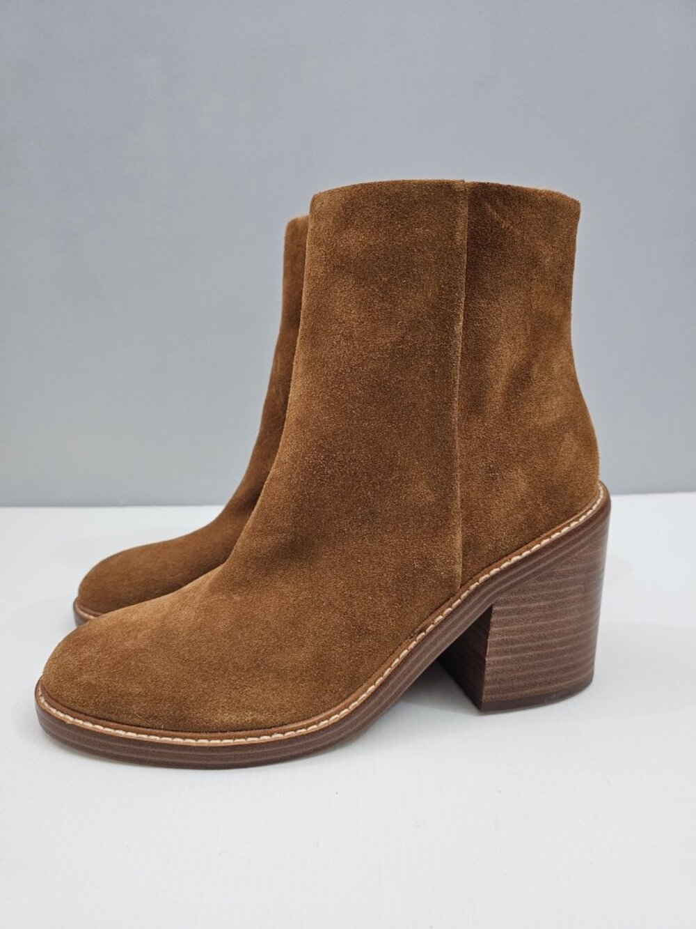 Marc Fisher LTD Haleena Ankle Boot Womens 9.5 Cognac Brown Suede Block Heel
